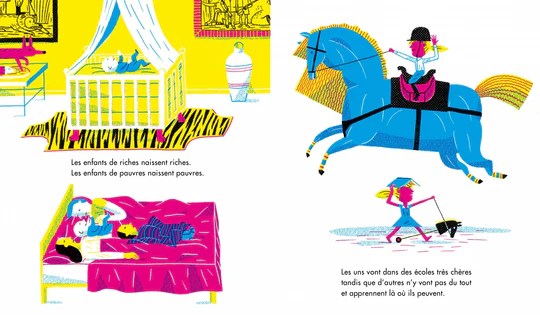 Illustration colorée représentant un berceau, une chambre avec des enfants et un cheval. Le texte évoque les différences de richesse entre les enfants de familles riches et pauvres.