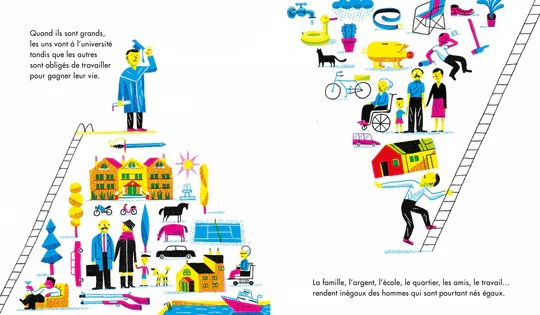 Illustration représentant une hiérarchie sociale avec des symboles tels que des maisons, des voitures et des personnages, illustrant des parcours de vie variés.