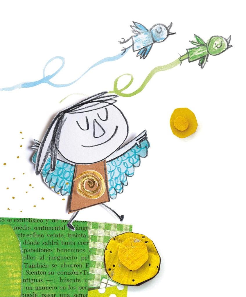 Une illustration colorée d'un personnage joyeux avec des ailes, entouré d'oiseaux dessinés et d'éléments graphiques variés.