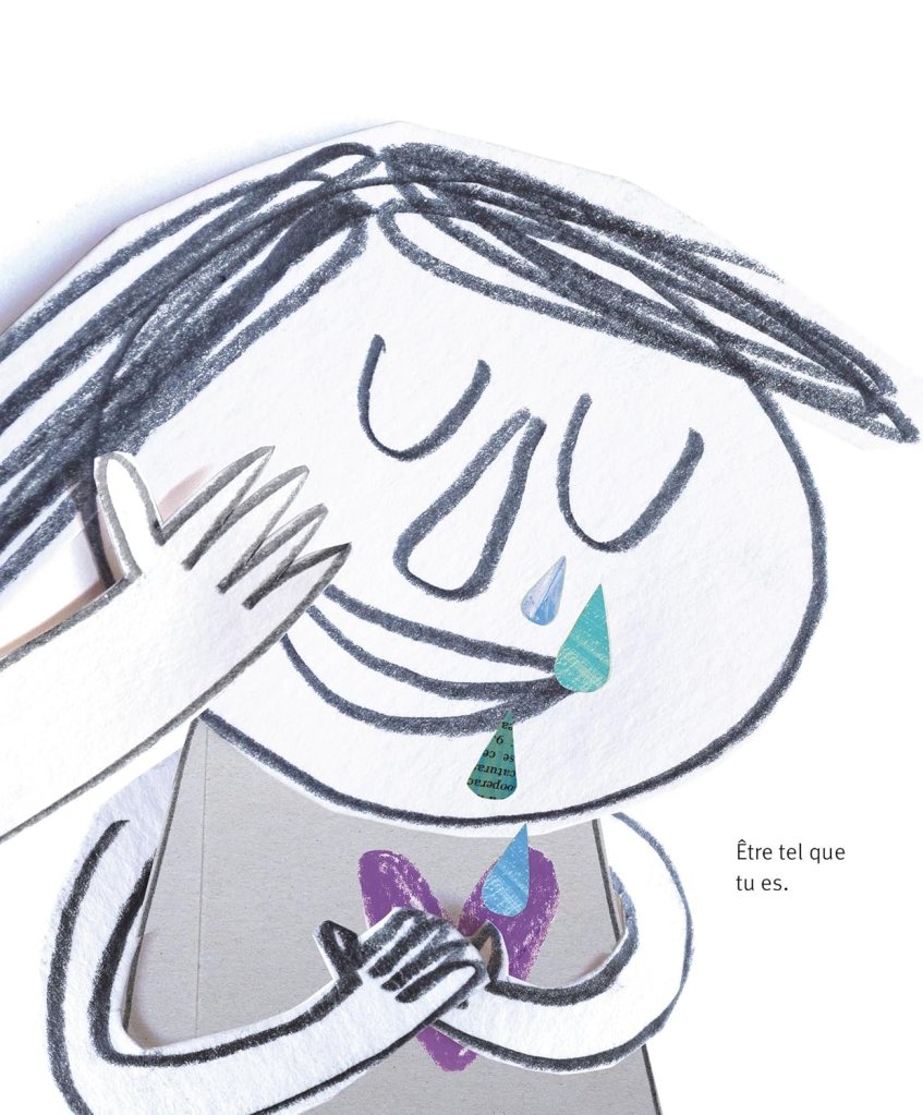 Illustration d'un personnage avec un visage souriant, tenant ses mains près de ses joues, avec des larmes colorées tombant de ses yeux. Un cœur violet est visible à l'avant.