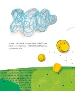 Illustration d'un nuage bleu avec des formes tourbillonnantes et des éléments colorés jaunes sur un fond vert, accompagné de texte sur la joie et la liberté.