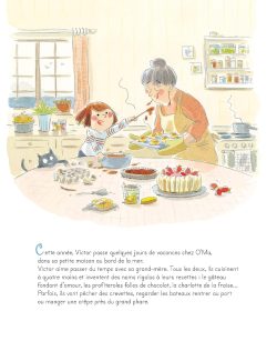 Une scène de cuisine chaleureuse où une grand-mère prépare un gâteau avec son petit-fils, entourés d'ingrédients et de plats sur la table.