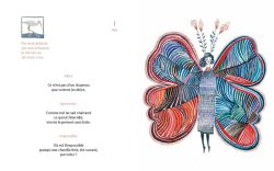 Un livre illustré avec une femme stylisée aux ailes de papillon colorées, entourée de motifs floraux et de texte poétique.