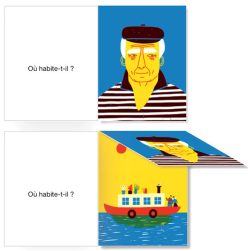 Illustration d'un homme âgé avec un béret et un pull à rayures, accompagné de la question 'Où habite-t-il ?' sur fond bleu.