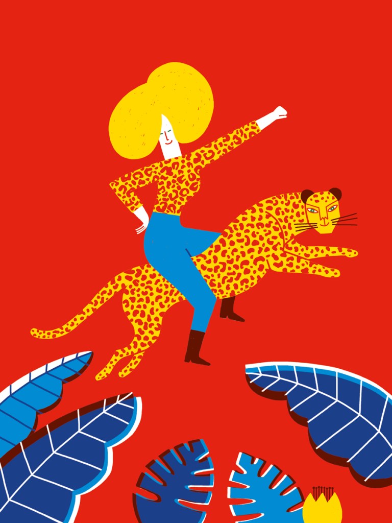 Une femme aux cheveux bouclés, portant un haut léopard, chevauche un léopard sur un fond rouge vif.