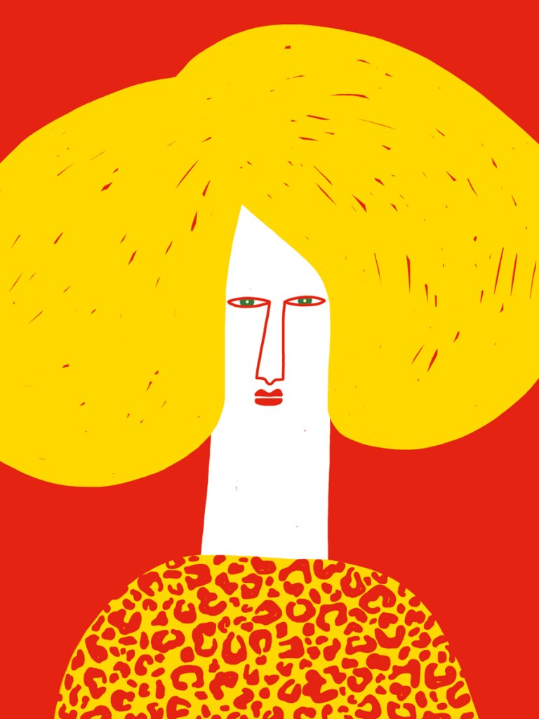 Illustration d'une personne avec des cheveux jaunes volumineux, un visage blanc avec des yeux verts, portant un vêtement à motifs léopard sur un fond rouge.