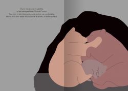Deux figures stylisées, l'une allongée et l'autre recroquevillée, se tenant près d'un petit animal, le tout sur un fond neutre.