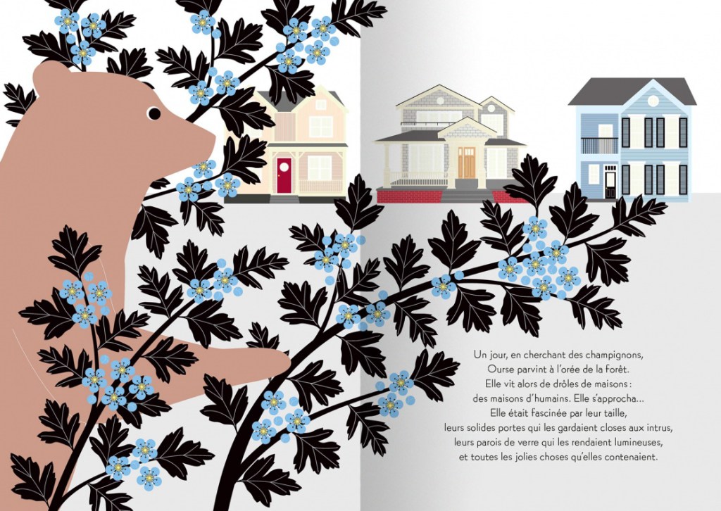 Une illustration d'une ourse cherchant des champignons, entourée de fleurs bleues et de feuilles noires, avec une série de maisons colorées en arrière-plan.