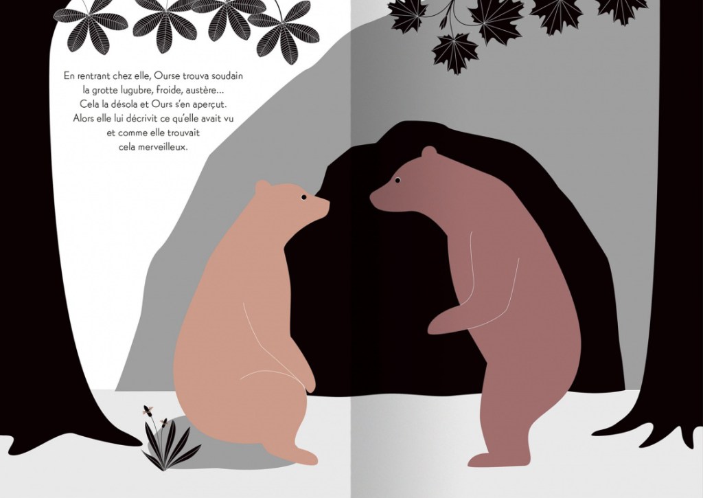 Deux ours dans une grotte, l'un assis et l'autre debout. L'environnement est stylisé, avec des arbres et des feuilles en arrière-plan. Un passage de texte est visible au-dessus d'eux.