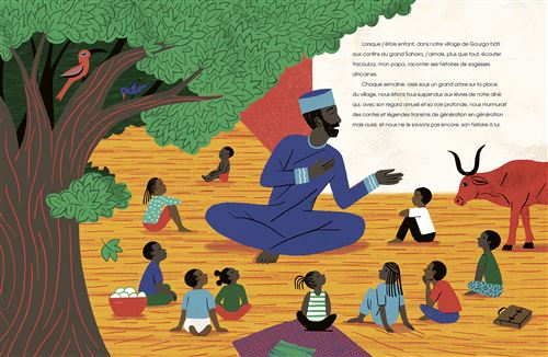 Un conteur assis sous un grand arbre explique des histoires à un groupe d'enfants assis autour de lui, tandis qu'un vache et un oiseau se trouvent à proximité.
