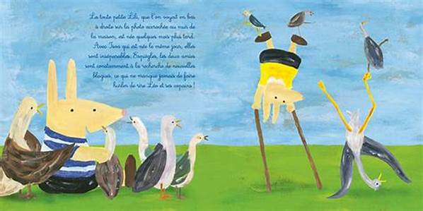 Une illustration colorée d'un lapin en marinière entouré d'oies, tandis qu'un autre lapin en t-shirt jaune fait des figures sur des bâtons au milieu d'un paysage verdoyant.