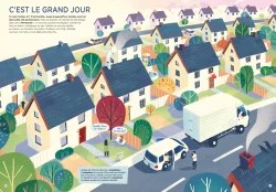 Illustration colorée d'un quartier résidentiel avec des maisons, des arbres et des personnes interagissant à l'extérieur, mettant en avant un déménagement.