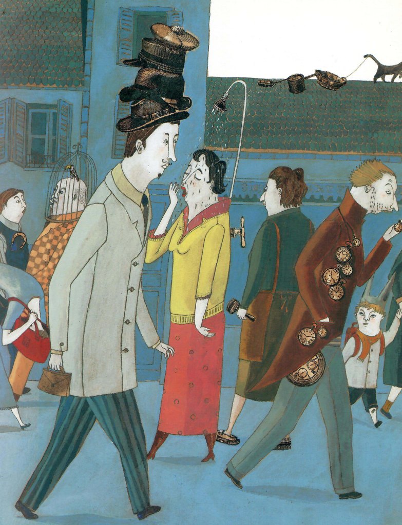 Une illustration colorée de personnages aux styles excentriques marchant dans une rue, avec un homme portant plusieurs chapeaux empilés sur la tête.