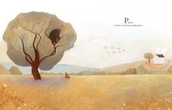 Une illustration d'un paysage rural avec un arbre, un chat perché sur une branche, un renard au sol, des oiseaux en vol, et une maison au loin.