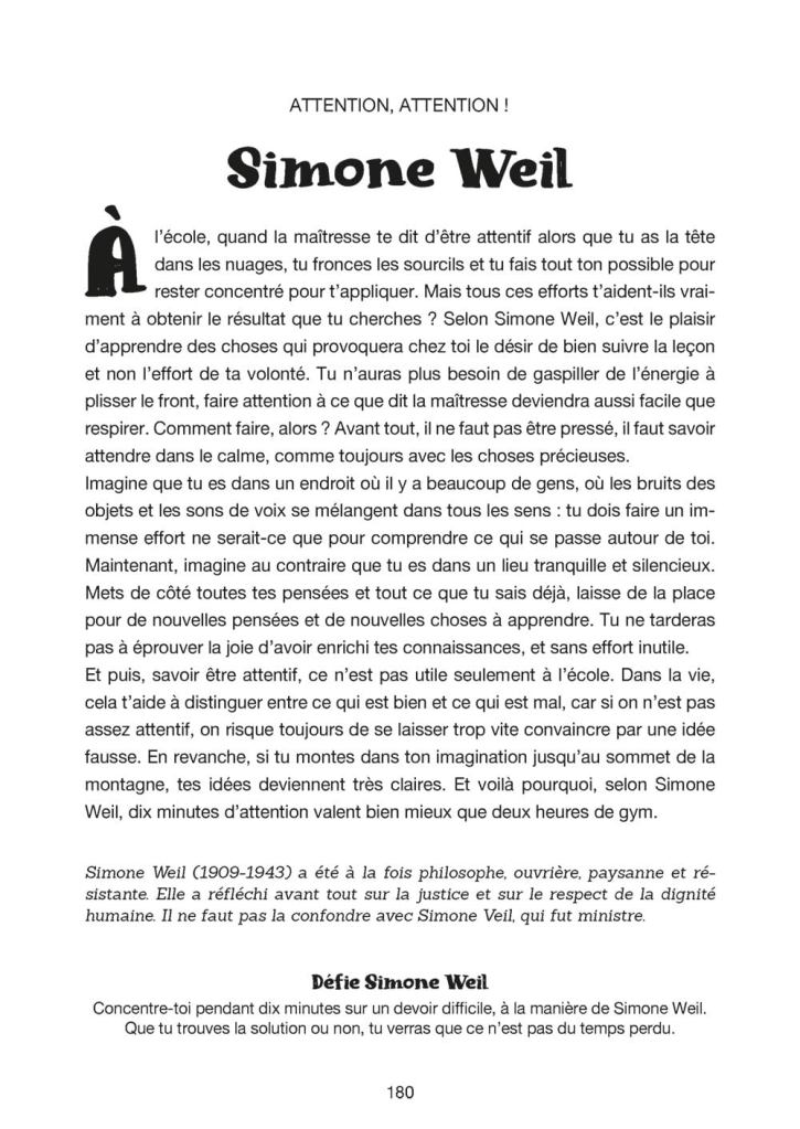 Texte sur Simone Weil, soulignant l'importance de l'attention dans l'apprentissage et la vie, avec une citation encourageant la concentration et la réflexion.