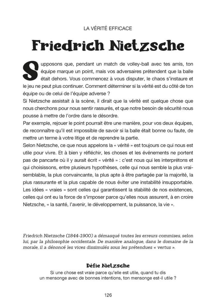 Texte de Friedrich Nietzsche discutant de la vérité dans le contexte d'un match de volley-ball, abordant l'idée que la vérité est ce qui nous rassure et nous aide à vivre.