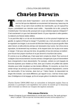 Page d'information sur Charles Darwin et l'évolution des espèces, avec du texte explicatif.