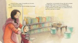 Une illustration représentant une mère et sa fille dans une bibliothèque, entourées de livres colorés, avec une ambiance chaleureuse et accueillante.