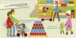 Illustration d'une scène de supermarché avec des familles, montrant des enfants et des adultes faisant leurs courses, des étagères de produits colorés en arrière-plan.