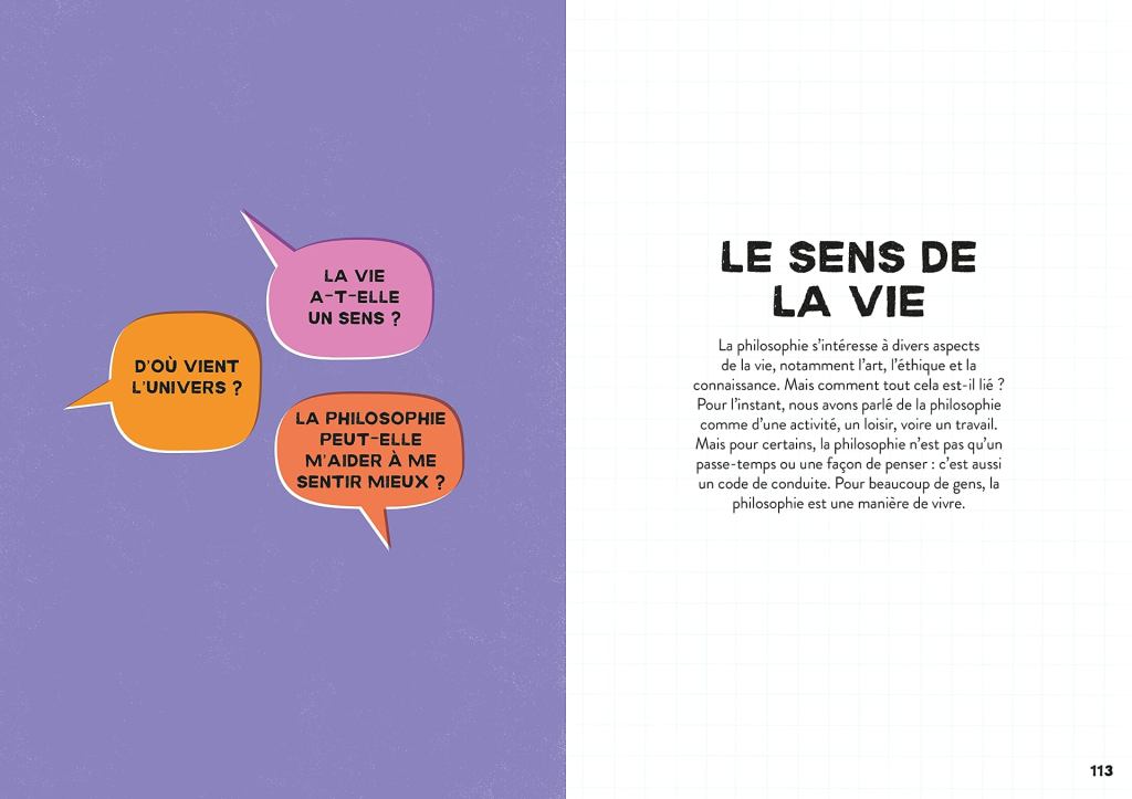 Un collage de bulles de dialogue abordant des questions philosophiques sur le sens de la vie et l'univers, avec un texte explicatif sur l'importance de la philosophie dans la vie quotidienne.