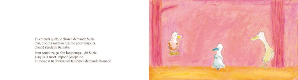 Illustration d'un dialogue entre trois oiseaux, sur un fond rose, avec des personnages représentant Suzies, Joséphine et Barnabé.
