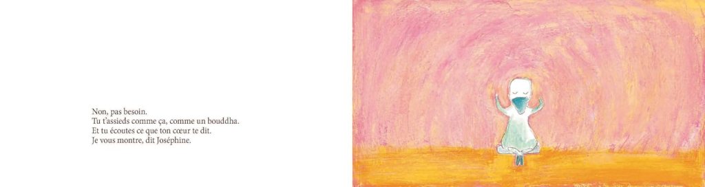 Une illustration montrant un personnage assis en position de méditation, avec un fond coloré en dégradé rose et orange. Le texte à gauche évoque la méditation et l'écoute des sentiments.