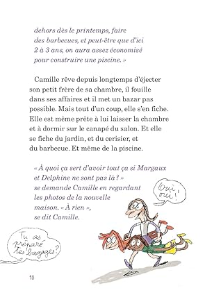 Page d'un livre avec du texte en français et une illustration humoristique d'un enfant portant une autre enfant sur son dos, accompagnée d'un personnage souriant.