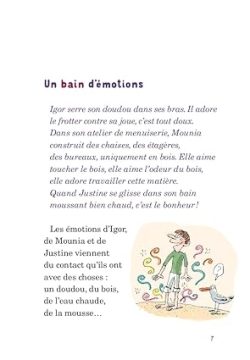 Illustration d'Igor tenant son doudou, entouré d'éléments évoquant la douceur et les émotions, avec Justine et un contexte aquatique.