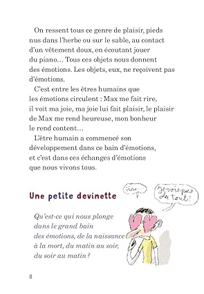 Texte d'une page d'un livre sur les émotions humaines, illustré par un dessin d'un personnage avec les mains sur les joues, exprimant une question ludique.