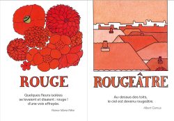Illustration de fleurs rouges avec le mot 'ROUGE' en dessous, accompagné d'une autre illustration de toits avec le mot 'ROUGEÂTRE' et une citation.
