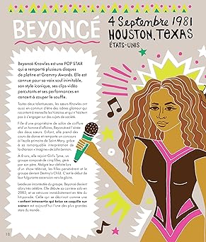 Illustration de Beyoncé avec un microphone, entourée de notes de musique et de décorations colorées, accompagnée de son nom et de sa date de naissance.