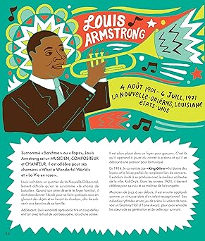 Illustration de Louis Armstrong jouant de la trompette avec des éléments graphiques colorés et des notes de musique, accompagnée d'un texte sur sa vie et sa carrière.