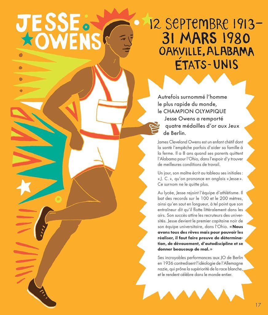 Illustration de Jesse Owens, un athlète noir en tenue de course, courant sur un fond orange avec des éléments graphiques colorés. Le texte présente sa biographie et ses réalisations, notamment ses quatre médailles d'or aux Jeux de Berlin.