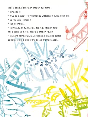Illustration colorée avec des dragons dessinés, des dialogues en français à côté, exprimant la surprise et la confusion d'un personnage.