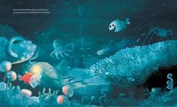 Illustration sous-marine colorée avec des coraux, des poissons, des pieuvres et des créatures marines dans un océan mystérieux.
