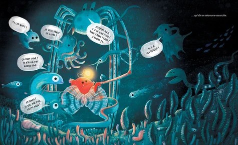Une illustration sous-marine colorée avec divers animaux marins, dont un petit crabe avec une lumière, entouré de créatures comme des pieuvres et des poissons, discutant dans des bulles de dialogue.