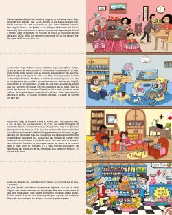 Illustration d'une scène de vie quotidienne avec des personnages dans divers environnements domestiques, incluant un salon, une cuisine et un magasin.