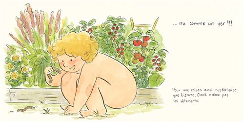 Un enfant nu aux cheveux bouclés s'agenouille dans un jardin, souriant en tenant un ver, entouré de légumes et de plantes colorées.