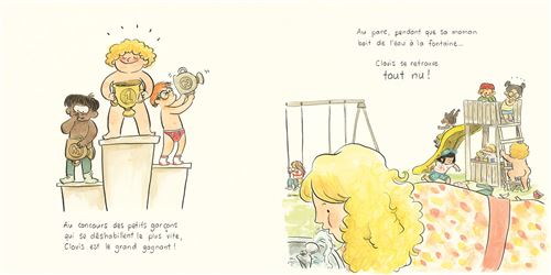 Illustration d'un concours de petits garçons avec des trophées, dont l'un est un grand gagnant, et une scène humoristique avec des enfants jouant dans un parc.
