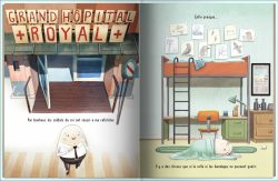 Illustration d'une couverture de livre avec le titre 'Grand Hôpital Royal' et une scène montrant un hôpital, avec un personnage arrondi se tenant devant l'entrée.