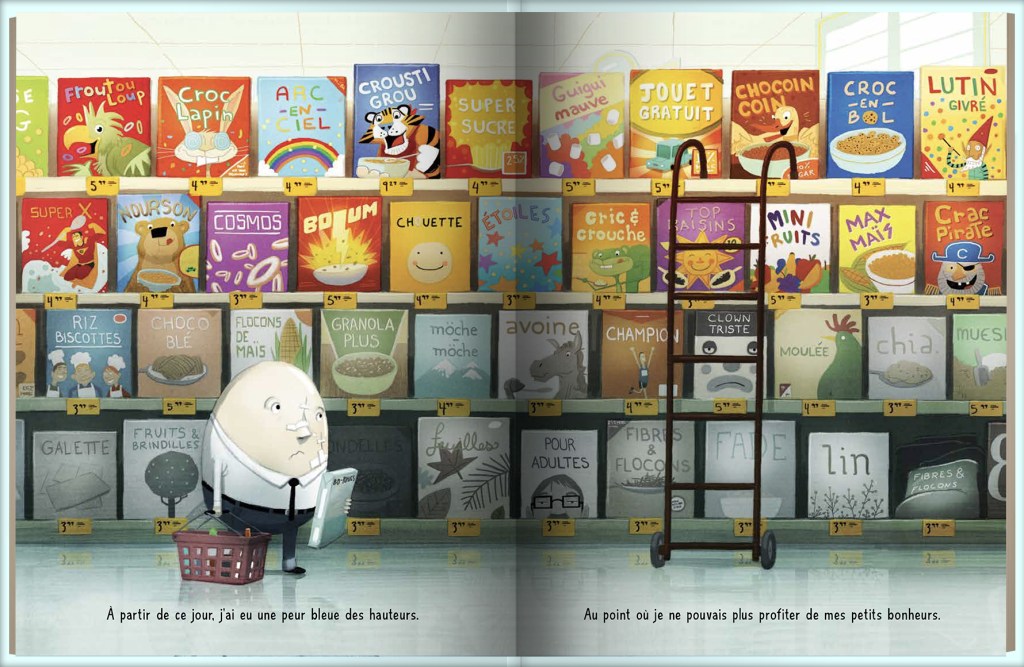 Un personnage en forme d'œuf portant un costume et tenant un panier se tient devant une étagère de céréales colorées dans un magasin. Des boîtes illustrées avec des animaux et des jeux sont visibles sur les étagères.