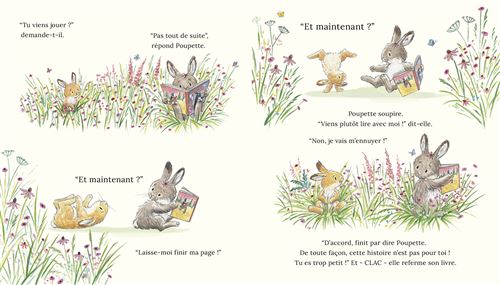 Illustration d'un livre pour enfants montrant des animaux, dont un lapin et un petit rongeur, dans un paysage de fleurs. Le lapin lit un livre tandis que le rongeur lui demande s'il veut jouer.