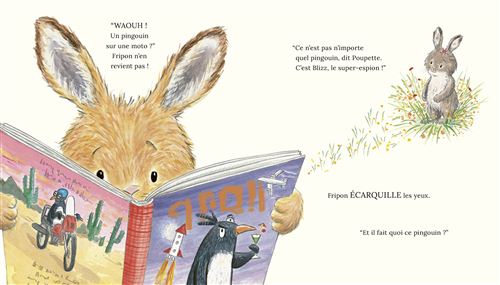 Un animal aux grandes oreilles lit un livre avec un pingouin sur la couverture, tandis qu'un petit lapin observe à l'arrière-plan.