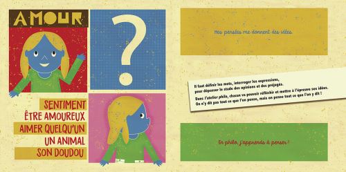 Image colorée avec des illustrations représentant des enfants et des questions sur l'amour et les sentiments.