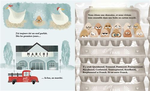 Image illustrée d'un marché avec des poules et un camion rouge, à gauche. À droite, des œufs animés dans une boîte d'œufs recyclable avec des noms créatifs.