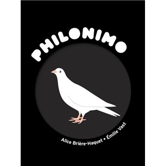 Couverture du livre 'Philonimo' avec une illustration d'un oiseau blanc sur un fond noir, le titre en haut en lettres blanches.