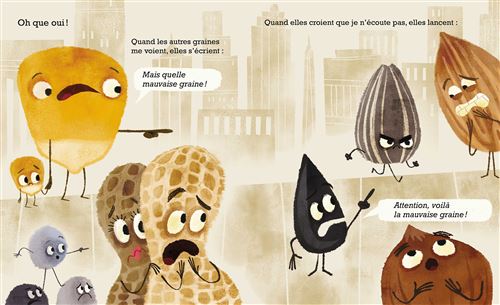 Illustration colorée de diverses graines anthropomorphisées sur fond urbain, exprimant des émotions variées.