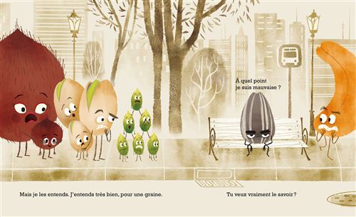 Une scène illustrée montrant des personnages alimentaires anthropomorphisés discutant sur un banc dans un parc, avec des arbres et des bâtiments en arrière-plan.