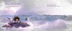 Une jeune fille assise sur un rocher au milieu d'une mer agitée, avec des vagues tumultueuses autour d'elle.