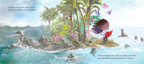 Une jeune fille lisant un livre sur une petite île tropicale entourée de mer, avec des palmiers, des fleurs colorées et des papillons dans un paysage serein.